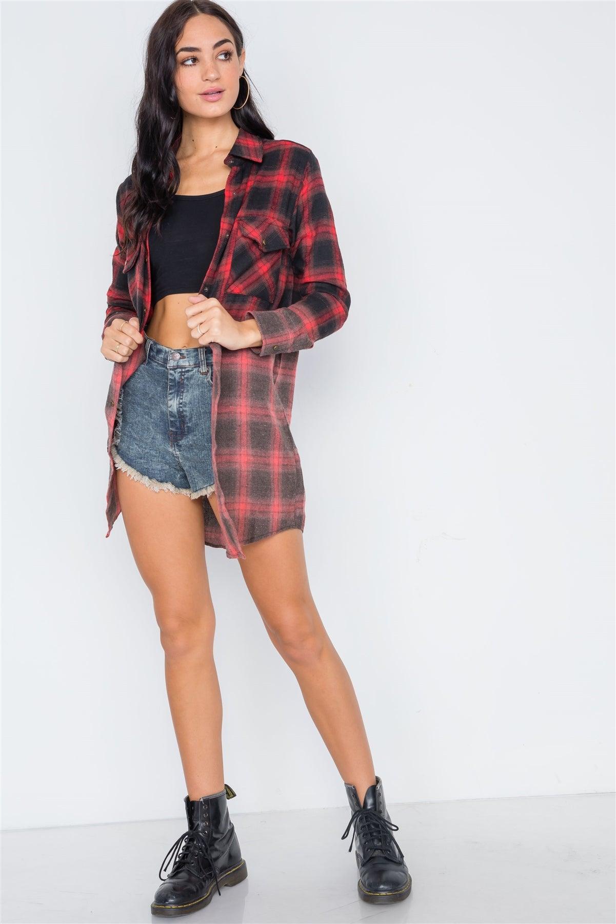 Red Black Plaid Flannel Long Sleeve Shirt Dress /3-2-1