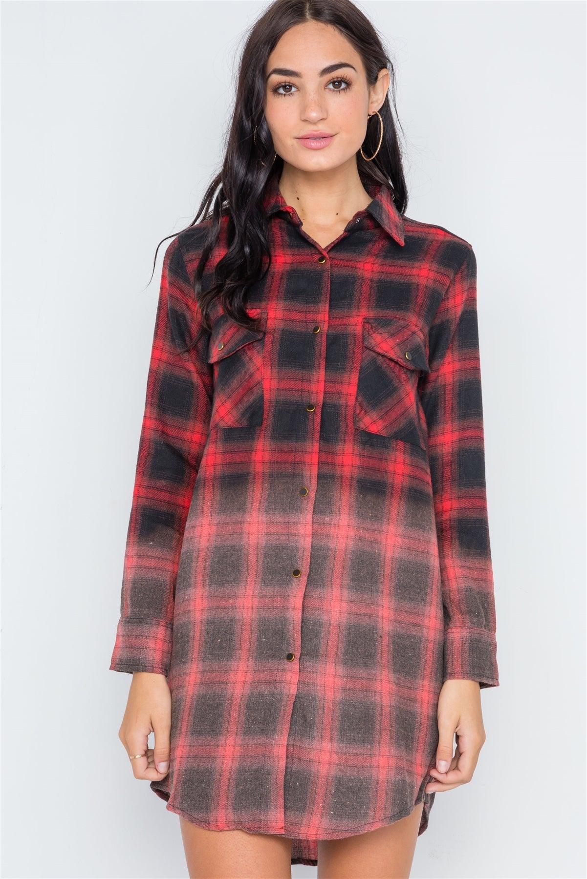 Red Black Plaid Flannel Long Sleeve Shirt Dress /4-2