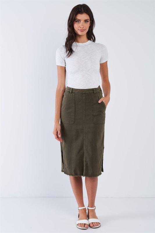 Olive Denim High Waisted Pencil Midi Cargo Knee Length Skirt With Large Front Pockets /3-2-1