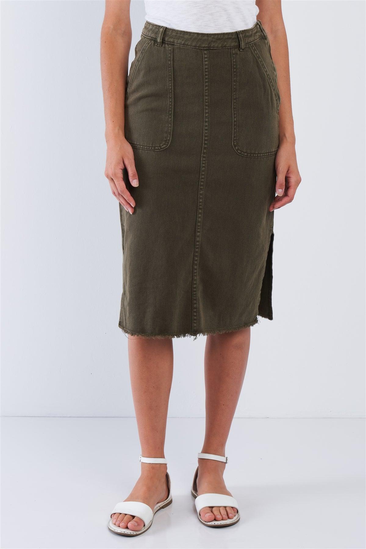 Olive Denim High Waisted Pencil Midi Cargo Knee Length Skirt With Large Front Pockets /3-2-1