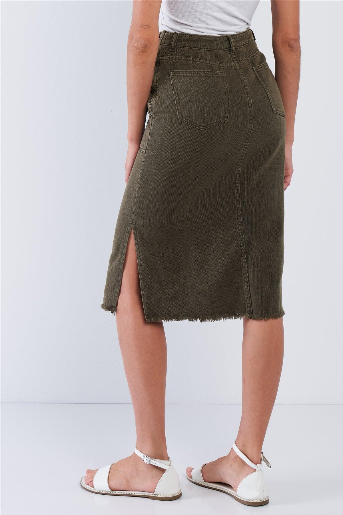 Olive Denim High Waisted Pencil Midi Cargo Knee Length Skirt With Large Front Pockets /3-2-1