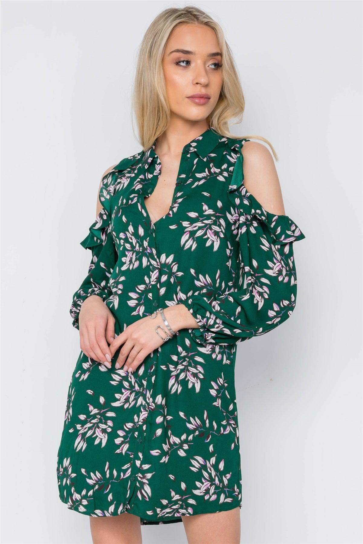 Green Cold Shoulder Long Sleeve Button Down Mini Dress /1-2-2-1