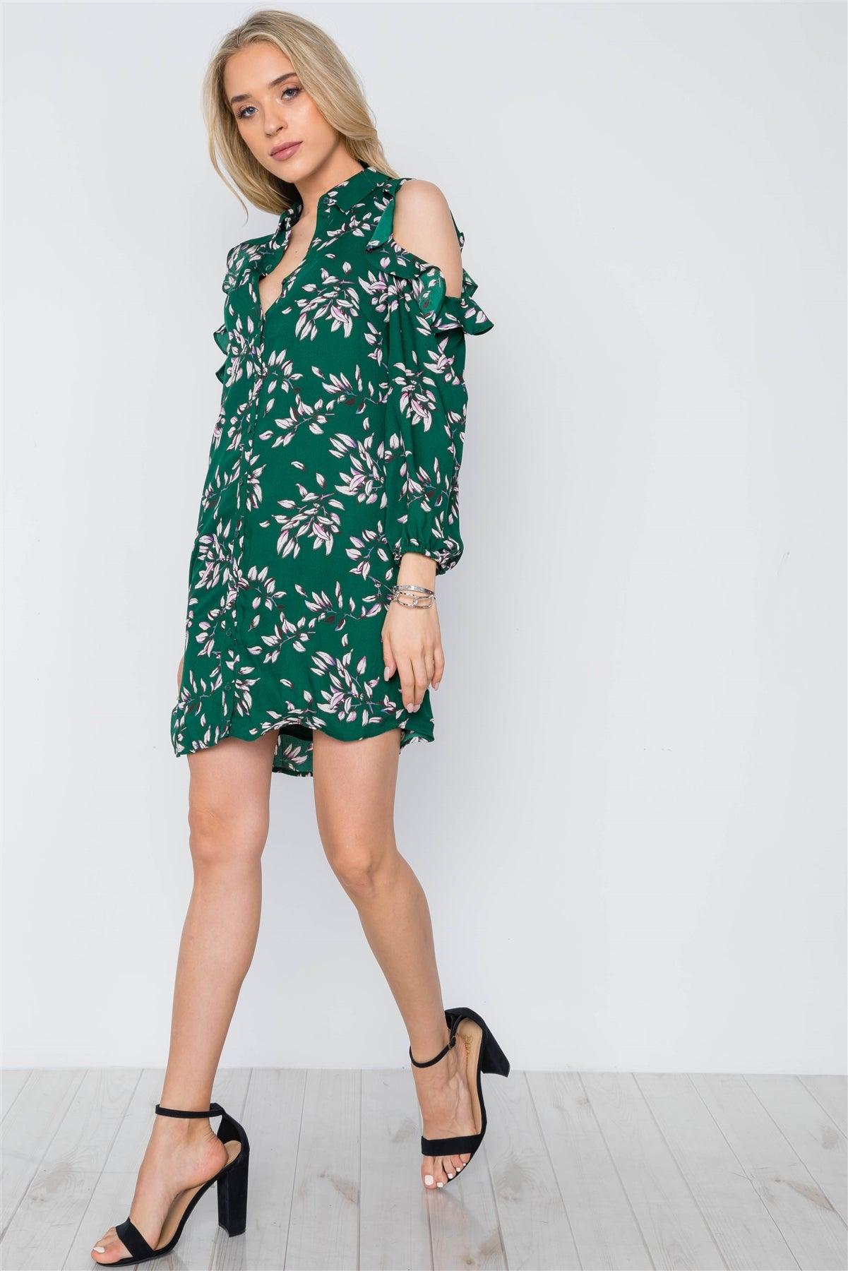 Green Cold Shoulder Long Sleeve Button Down Mini Dress /1-2-2-1