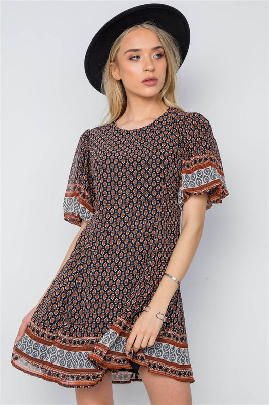 Rust Black Multi Print Puffy Sleeves Swing Mini Dress /1-2-2-1