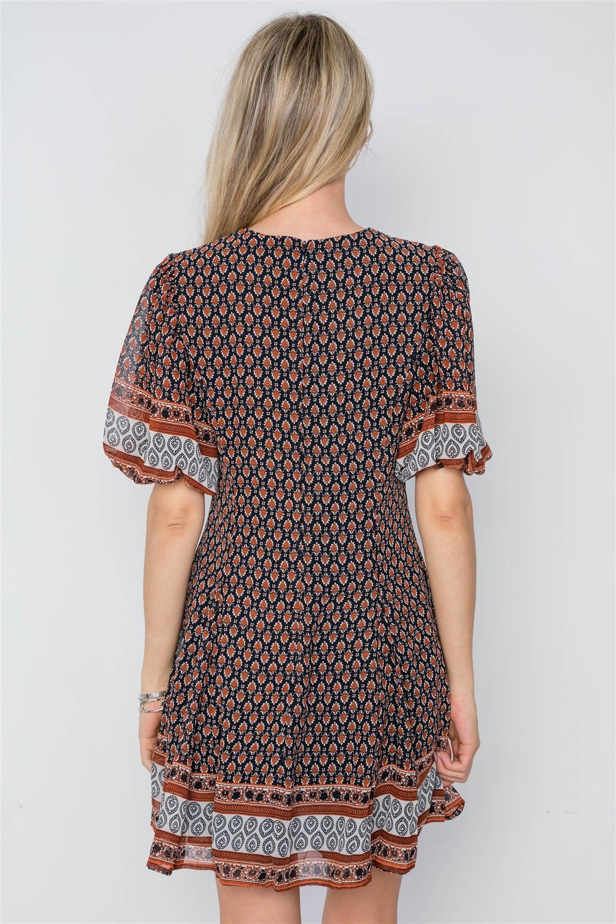 Rust Black Multi Print Puffy Sleeves Swing Mini Dress /1-2-2-1