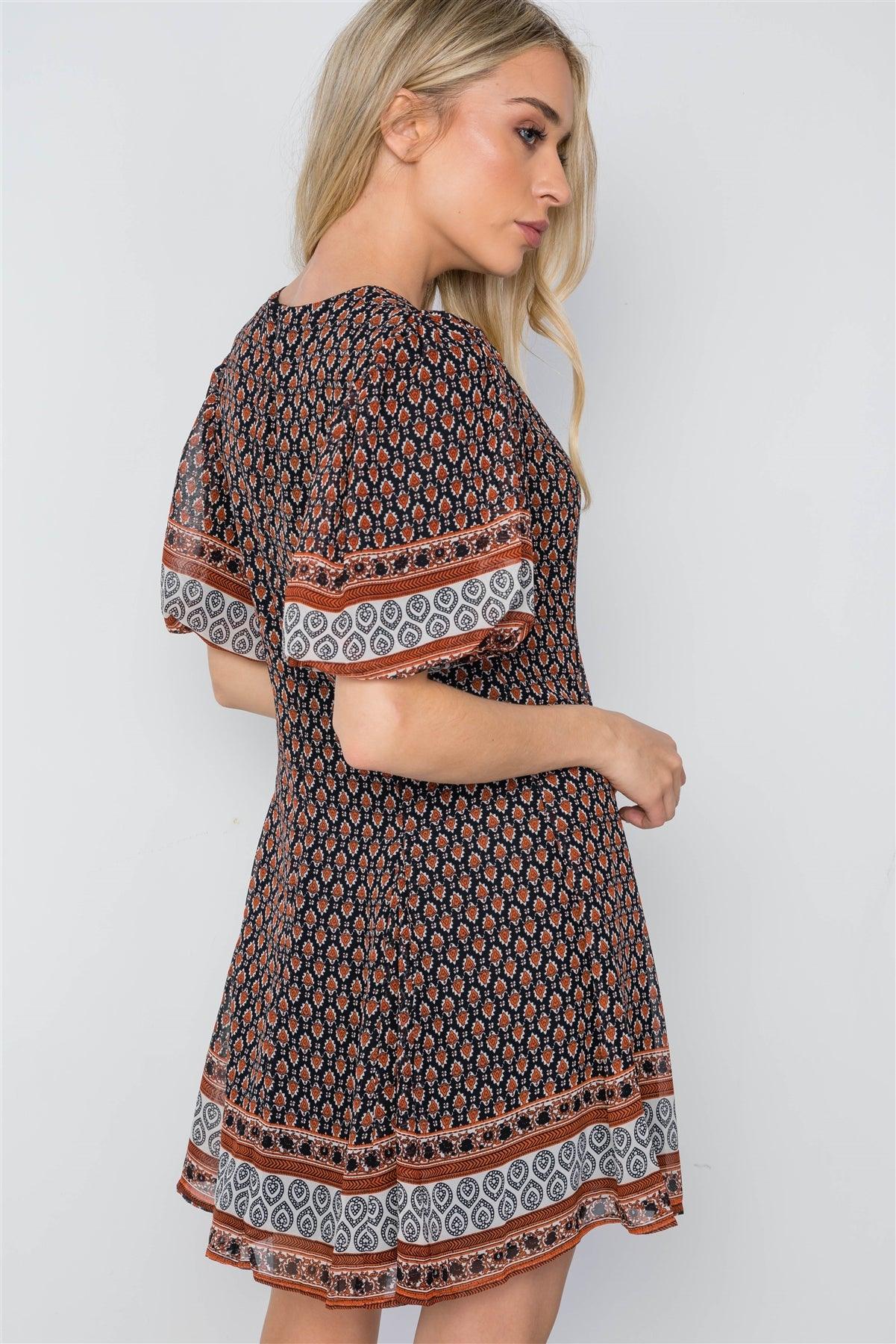 Rust Black Multi Print Puffy Sleeves Swing Mini Dress /1-2-2-1