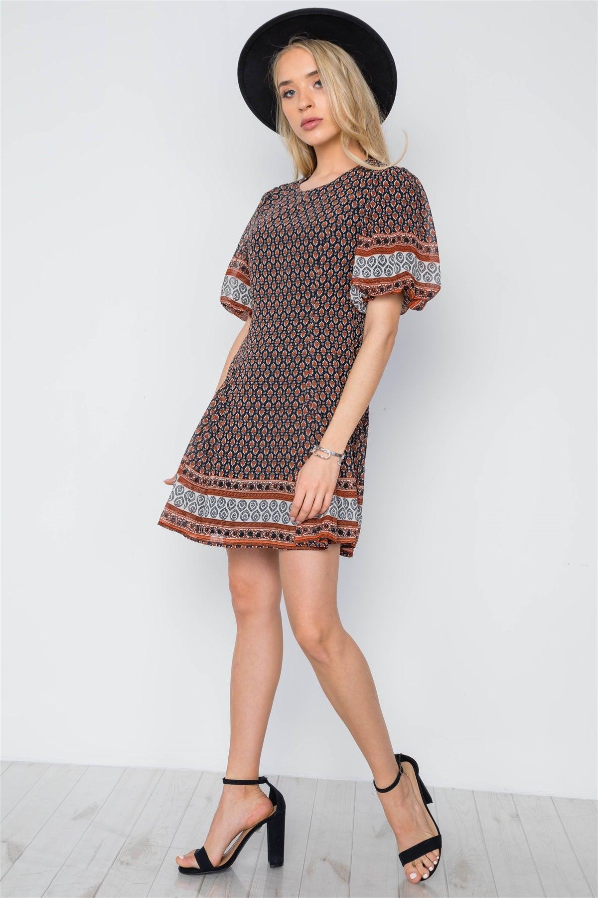 Rust Black Multi Print Puffy Sleeves Swing Mini Dress /1-2-2-1