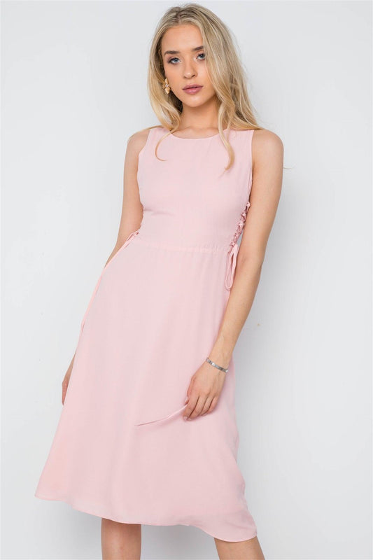 Blush Lace Up Sides Sleeveless Solid Midi Dress /1-2-1