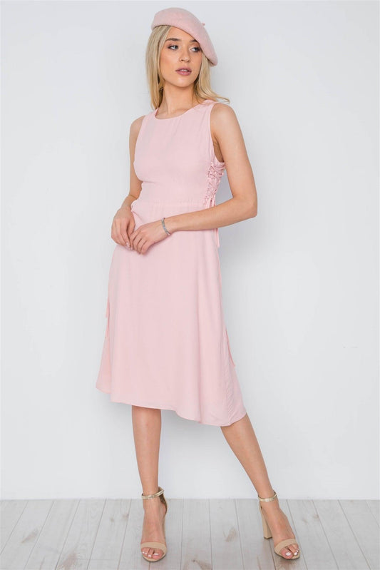 Blush Lace Up Sides Sleeveless Solid Midi Dress /1-2-2-1