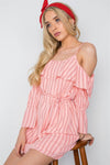 Peach Red Stripe Cold Shoulder Bell Sleeve Dress /1-2-2-1