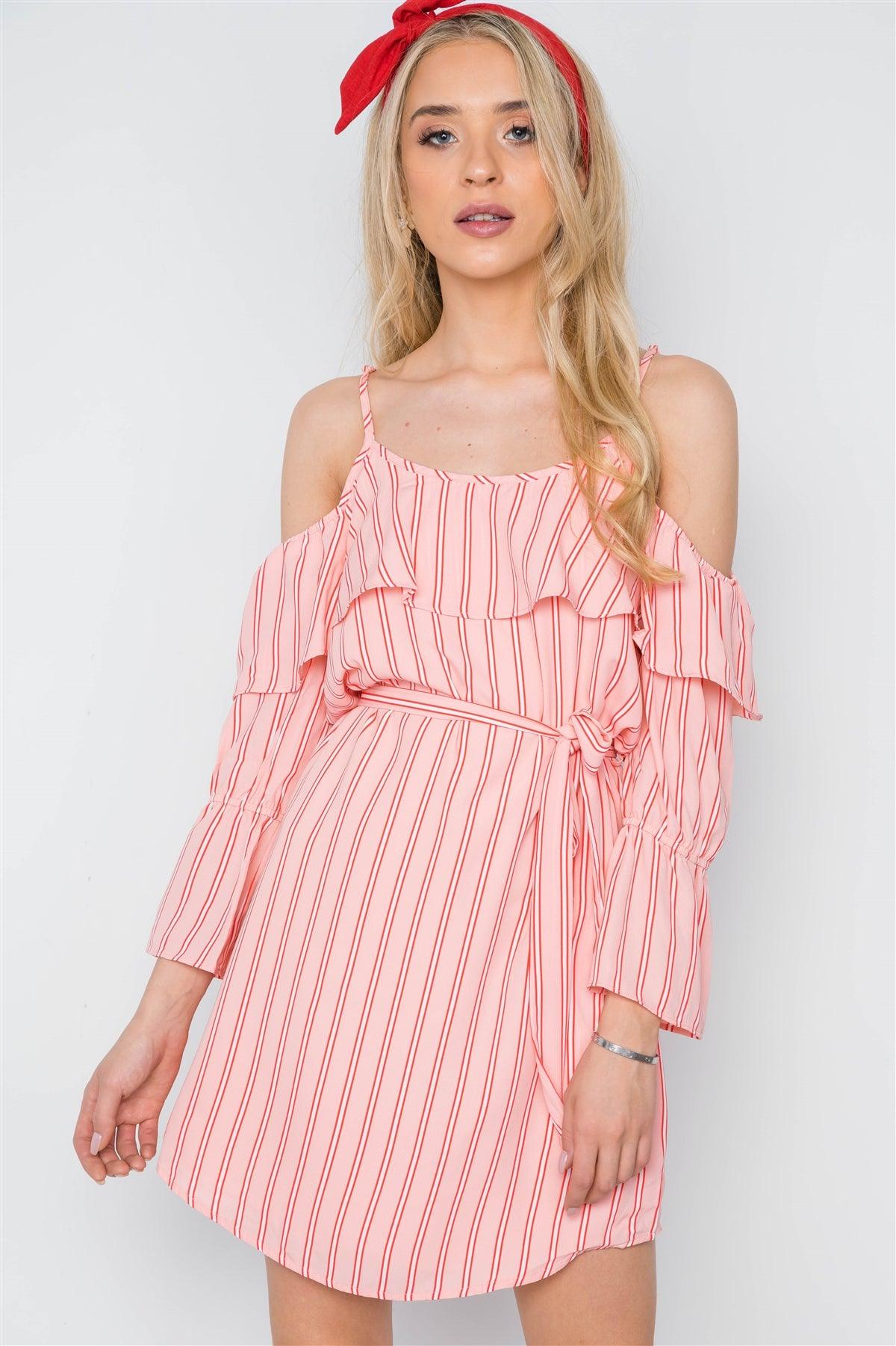 Peach Red Stripe Cold Shoulder Bell Sleeve Dress /1-2-2-1