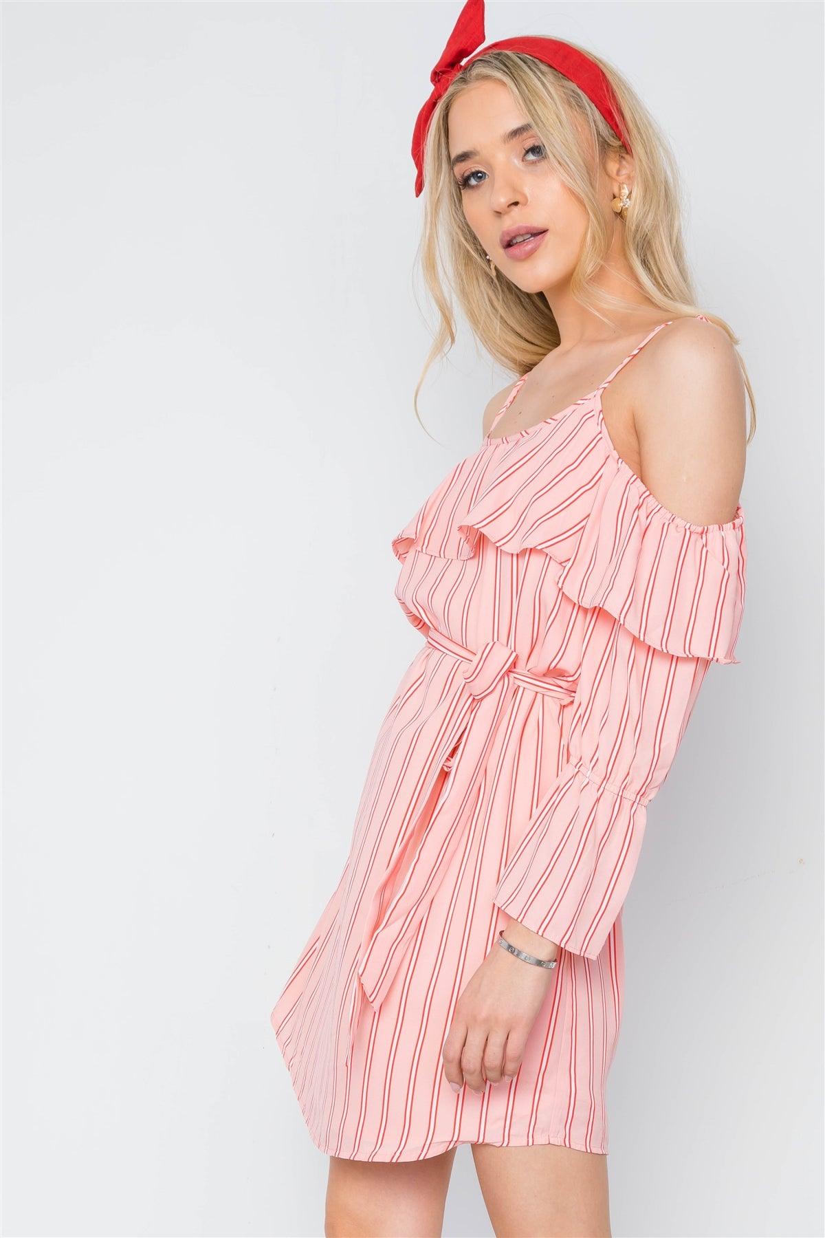 Peach Red Stripe Cold Shoulder Bell Sleeve Dress /1-2-2-1