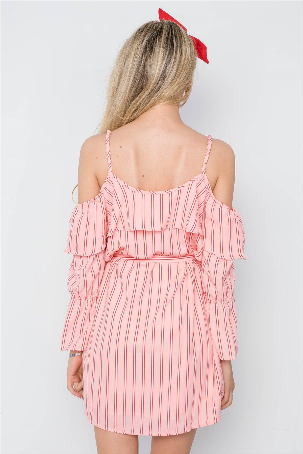 Peach Red Stripe Cold Shoulder Bell Sleeve Dress /1-2-2-1