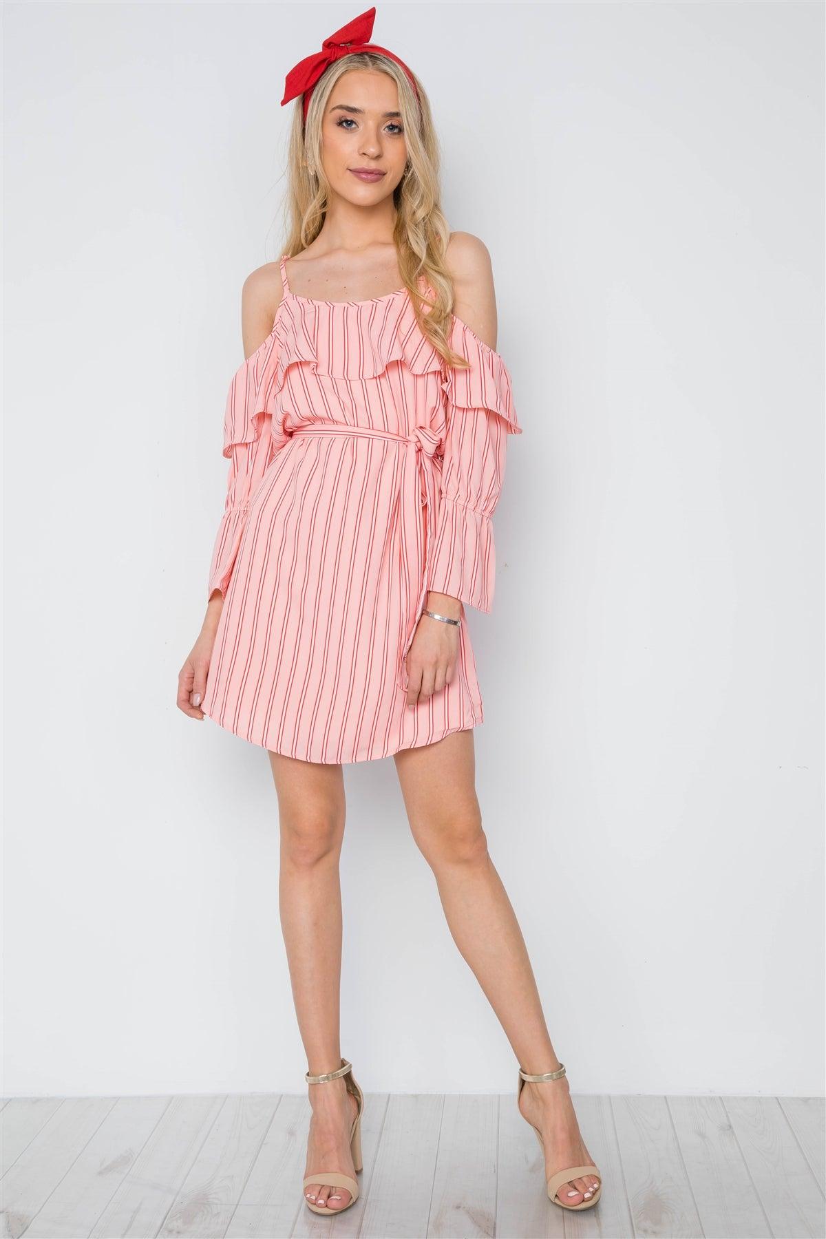 Peach Red Stripe Cold Shoulder Bell Sleeve Dress /1-2-2-1