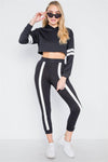 Black Two Piece Contrast Trip Crop Top Pants Set /1-2-2