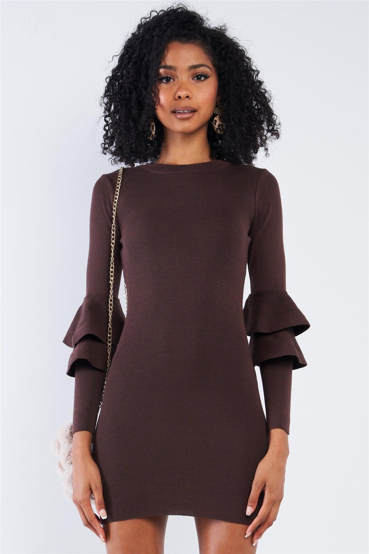 Dark Coffee Brown Body-Con Tight Fit Round Neck Double Frill Sleeve Mini Dress /2-2-2