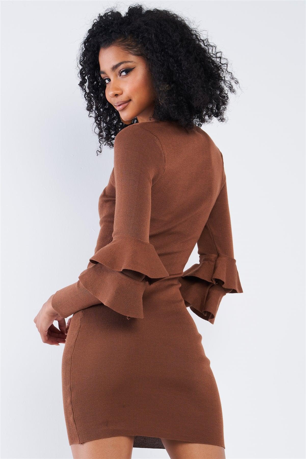 Light Coffee Brown Body-Con Tight Fit Round Neck Double Frill Sleeve Mini Dress /2-2-2