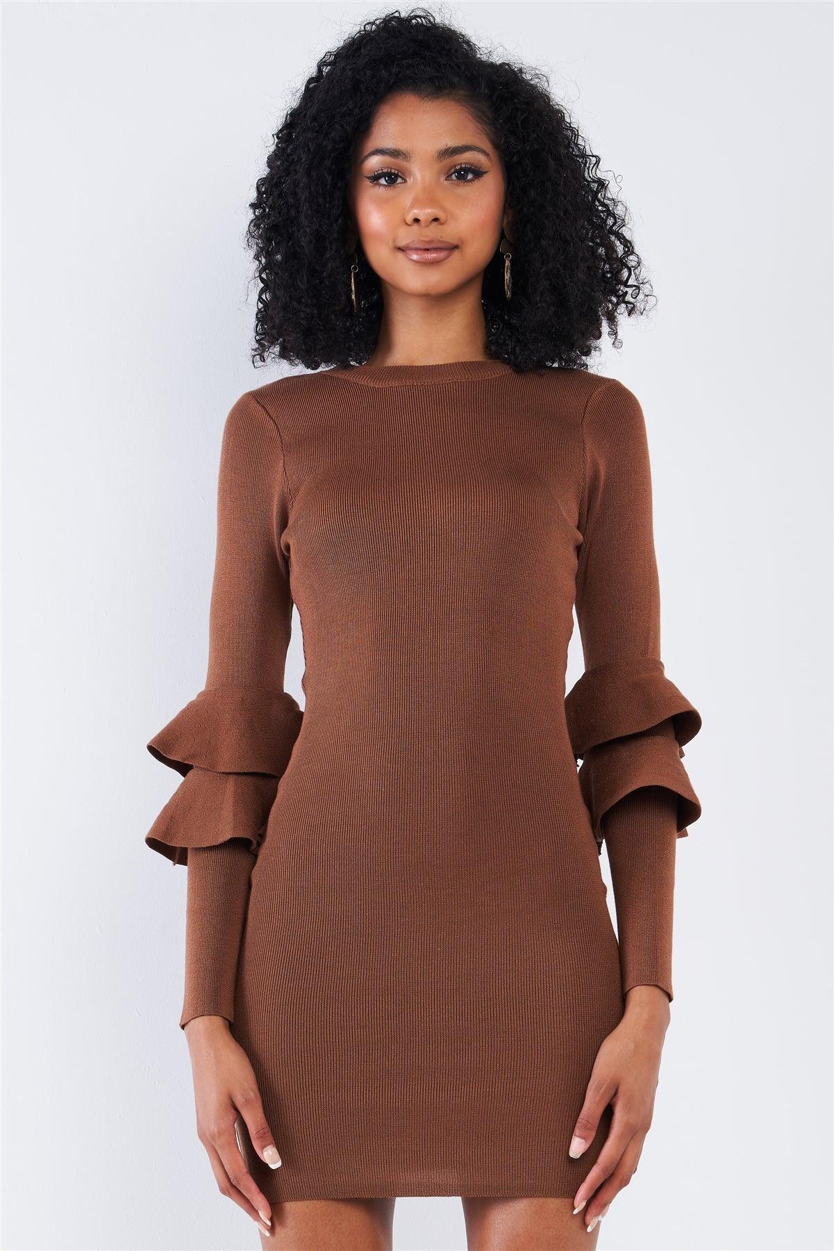 Light Coffee Brown Body-Con Tight Fit Round Neck Double Frill Sleeve Mini Dress /2-2-2