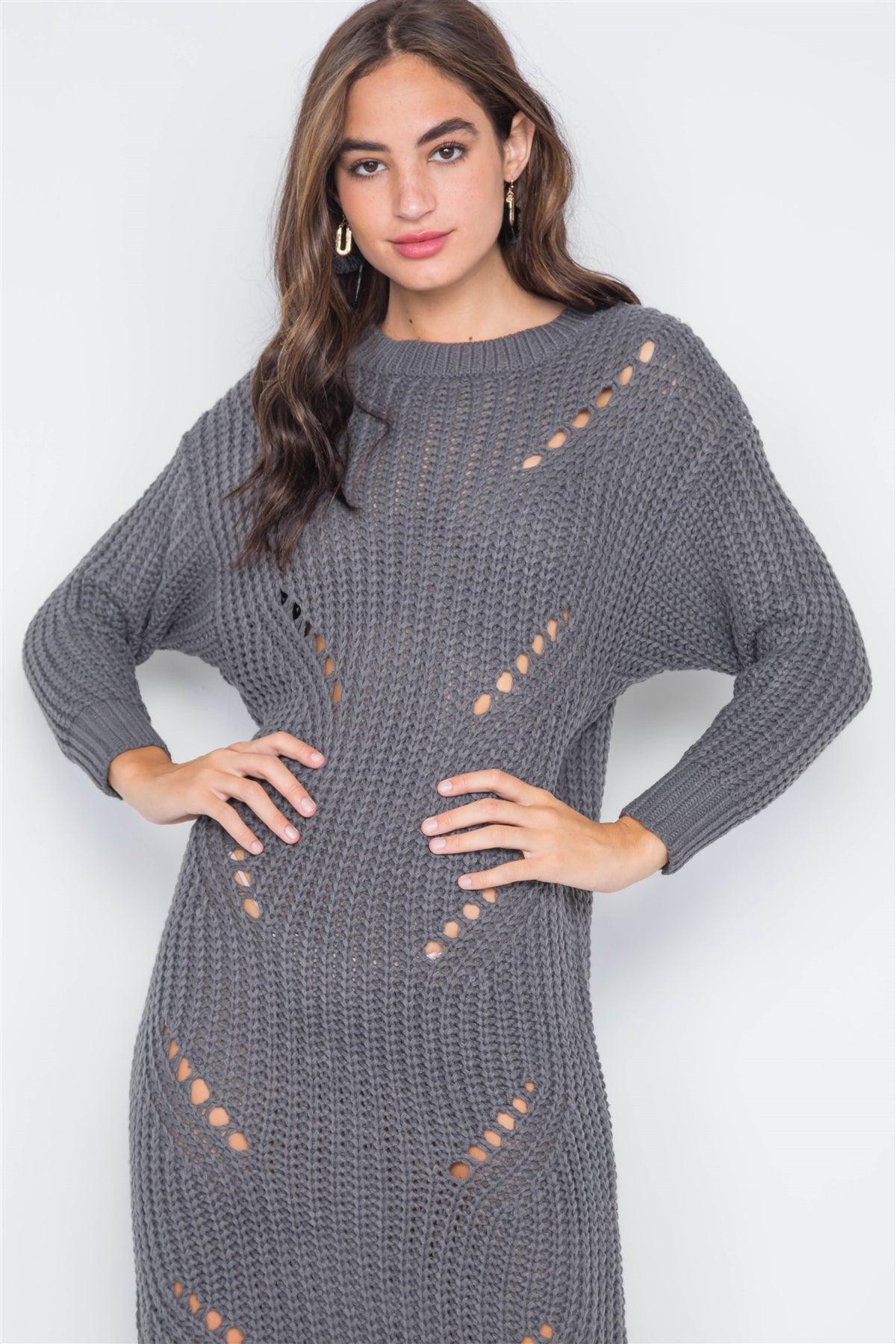 Grey Chunky Knit Long Sleeve Sweater Dress / 4-3