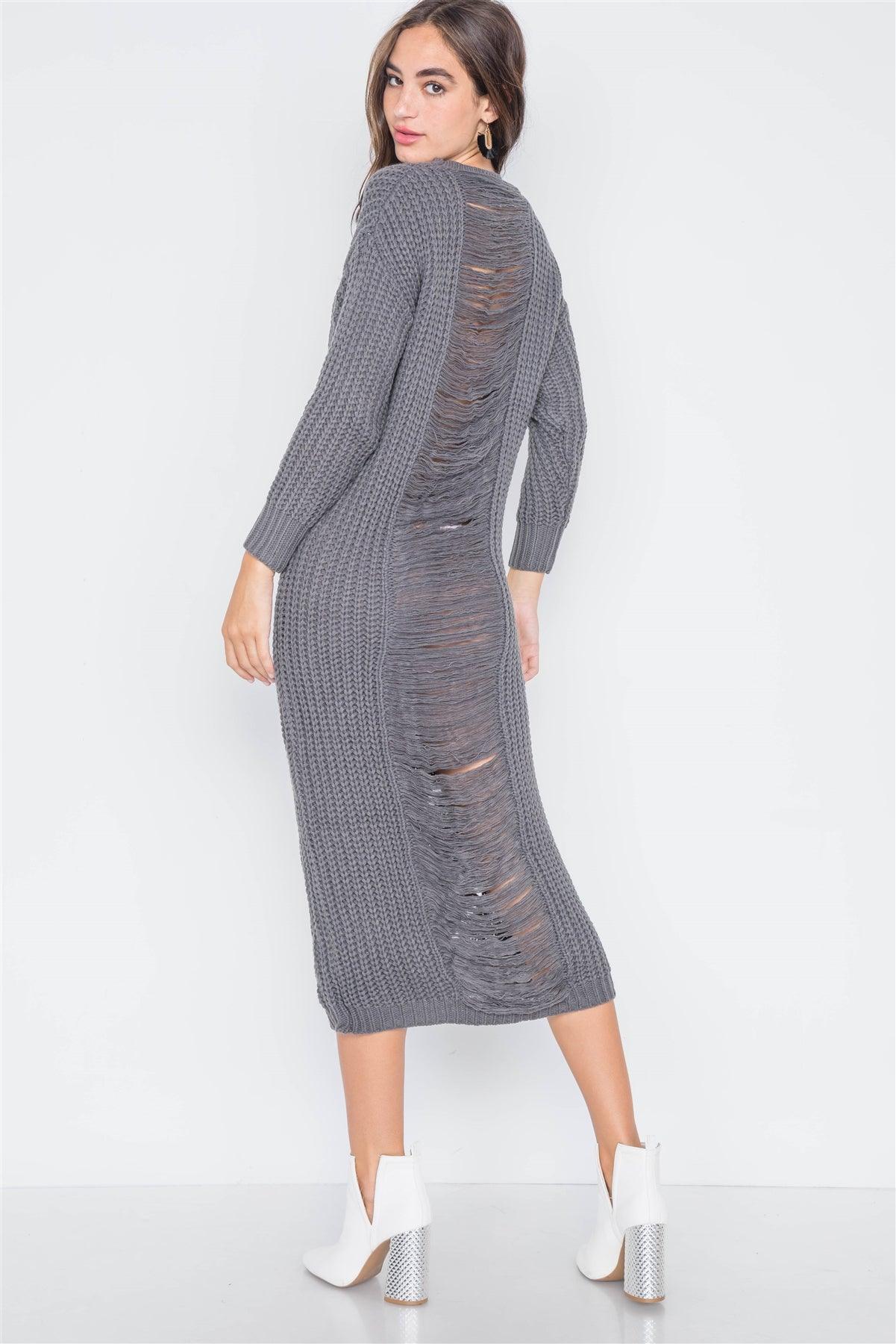 Grey Chunky Knit Long Sleeve Sweater Dress / 4-3