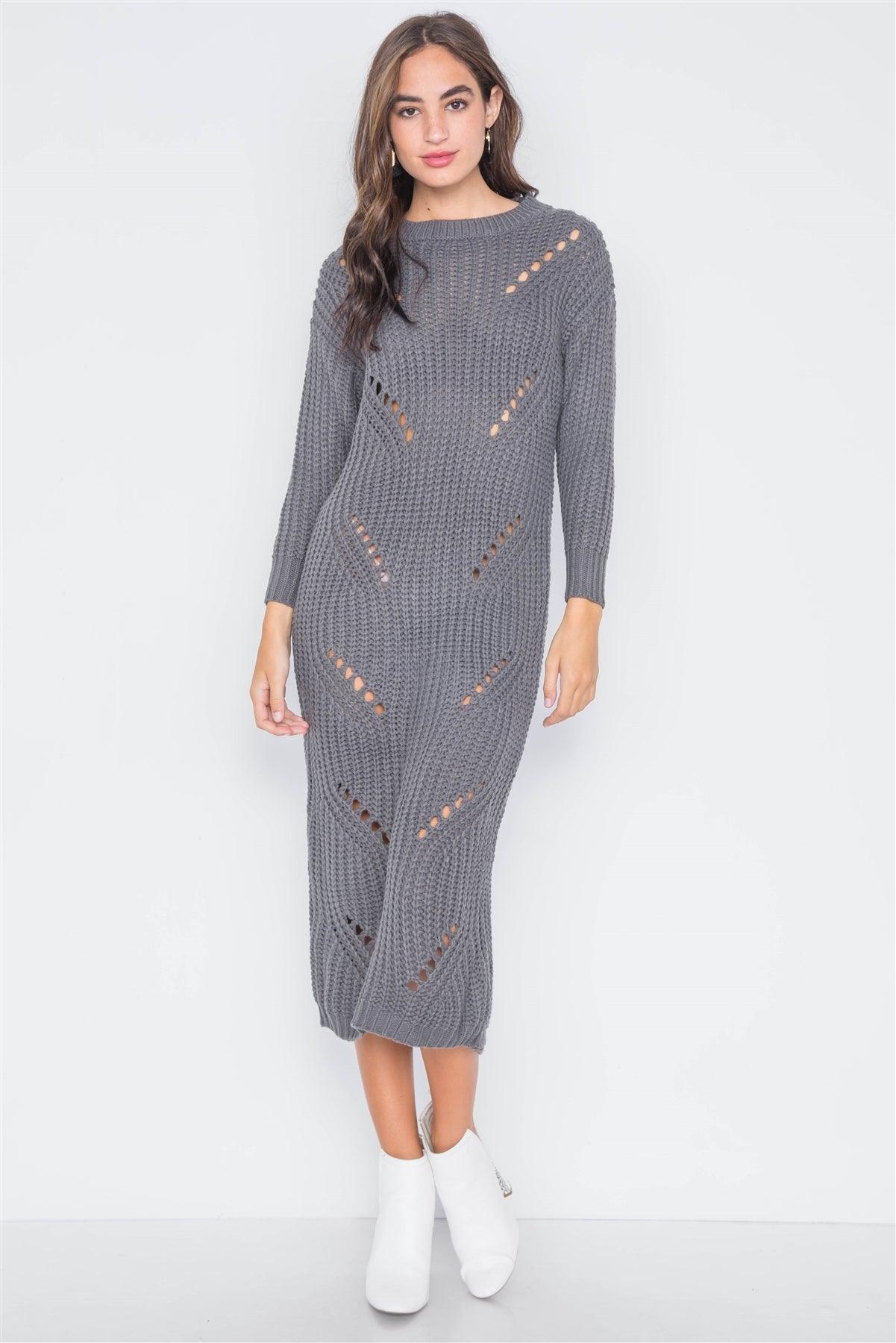 Grey Chunky Knit Long Sleeve Sweater Dress / 4-3