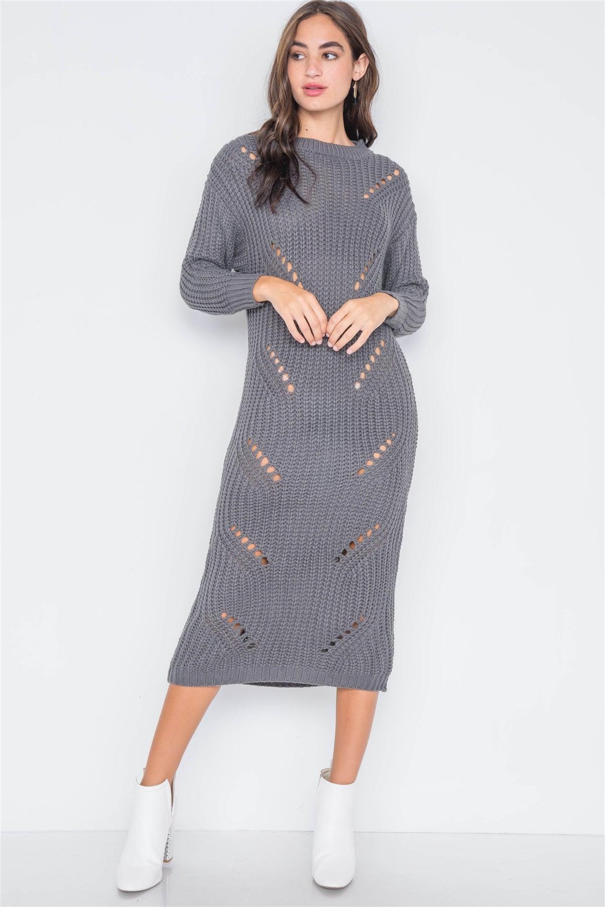 Grey Chunky Knit Long Sleeve Sweater Dress