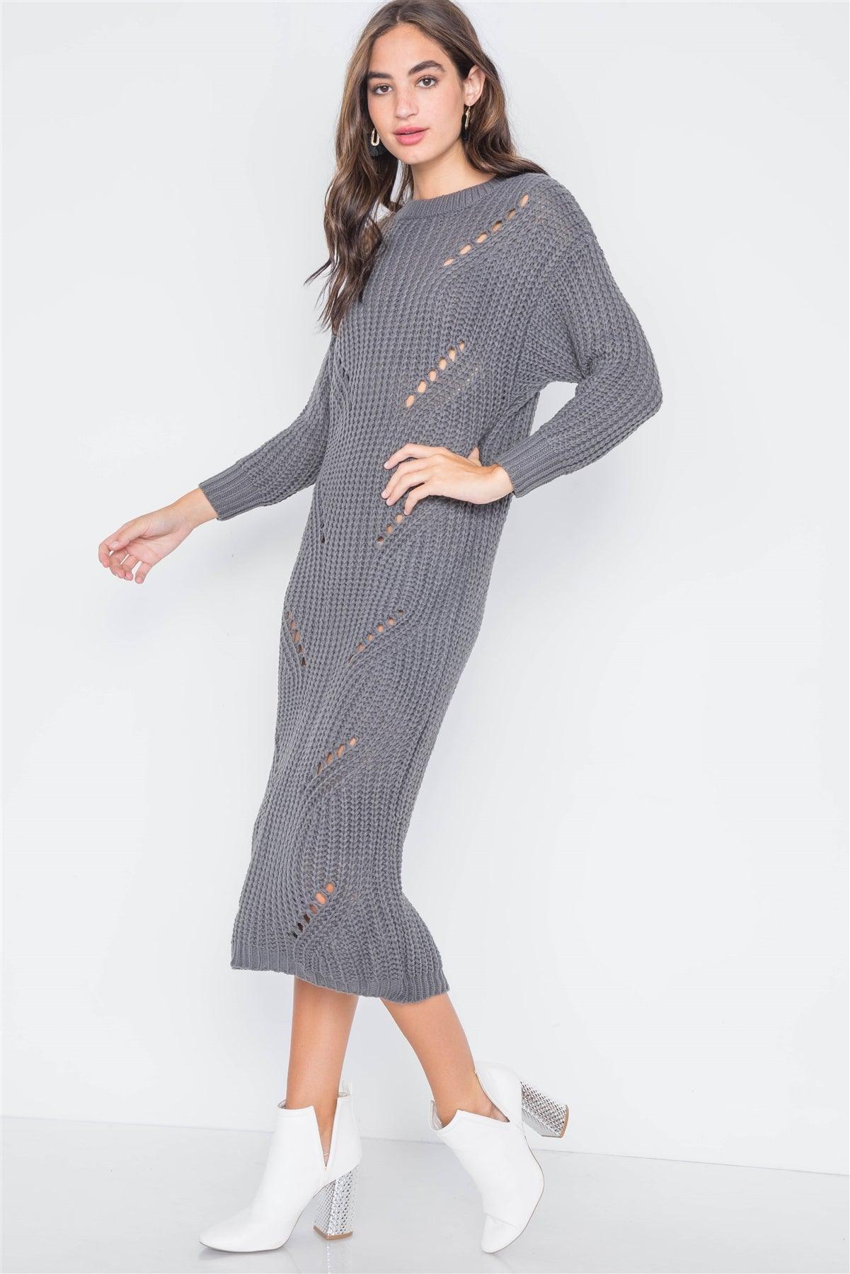 Grey Chunky Knit Long Sleeve Sweater Dress