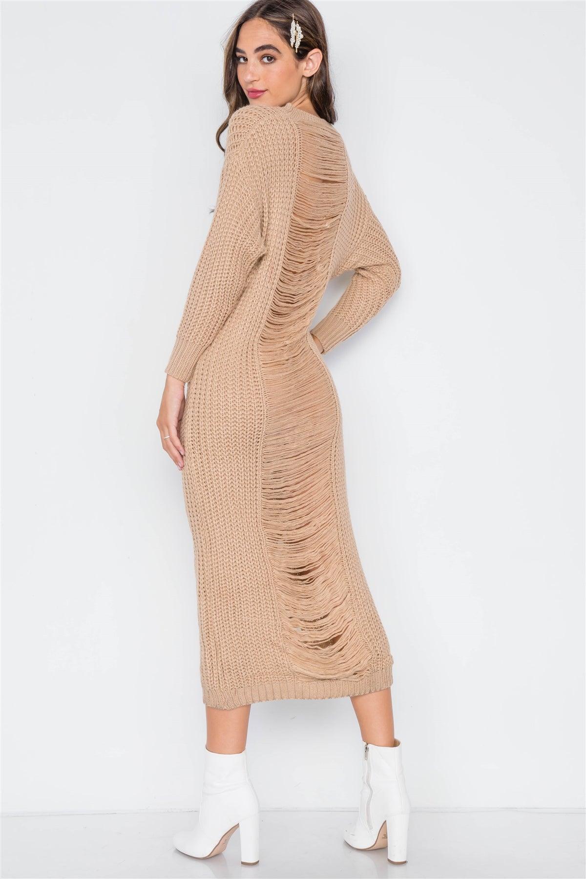 Khaki Chunky Knit Long Sleeve Sweater Dress / 3-3