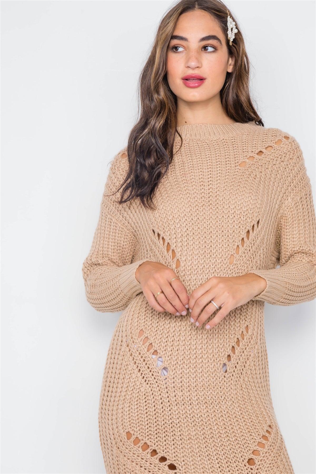 Khaki Chunky Knit Long Sleeve Sweater Dress / 3-3