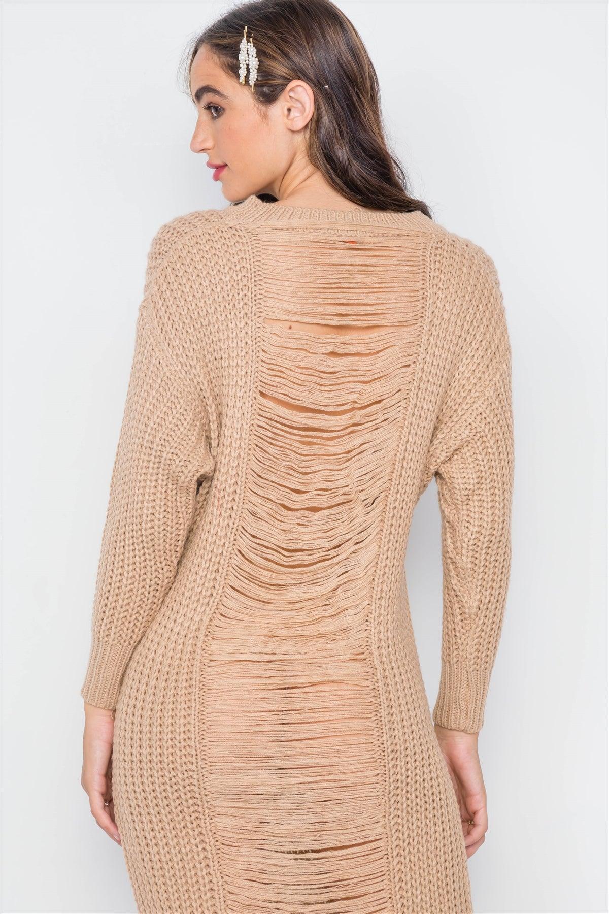 Khaki Chunky Knit Long Sleeve Sweater Dress / 3-3