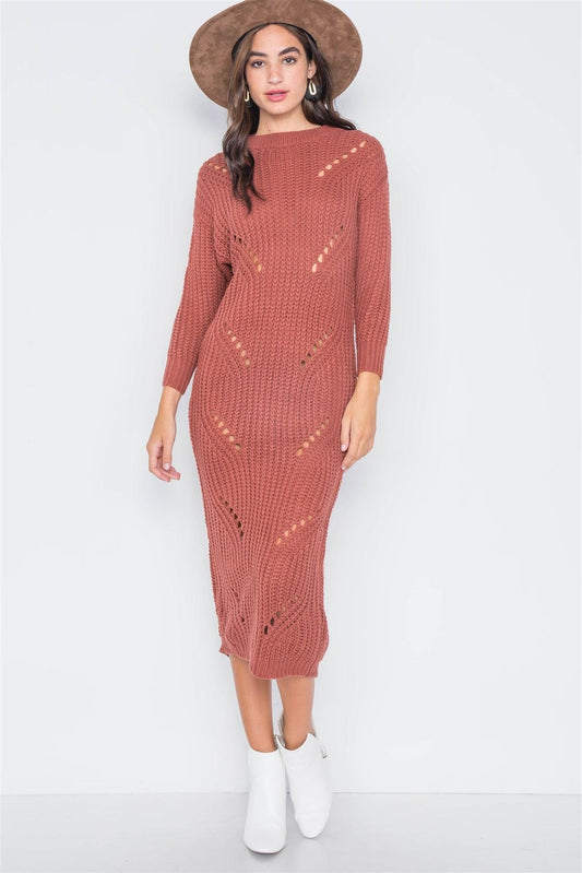 Rust Chunky Knit Long Sleeve Sweater Dress / 3-3