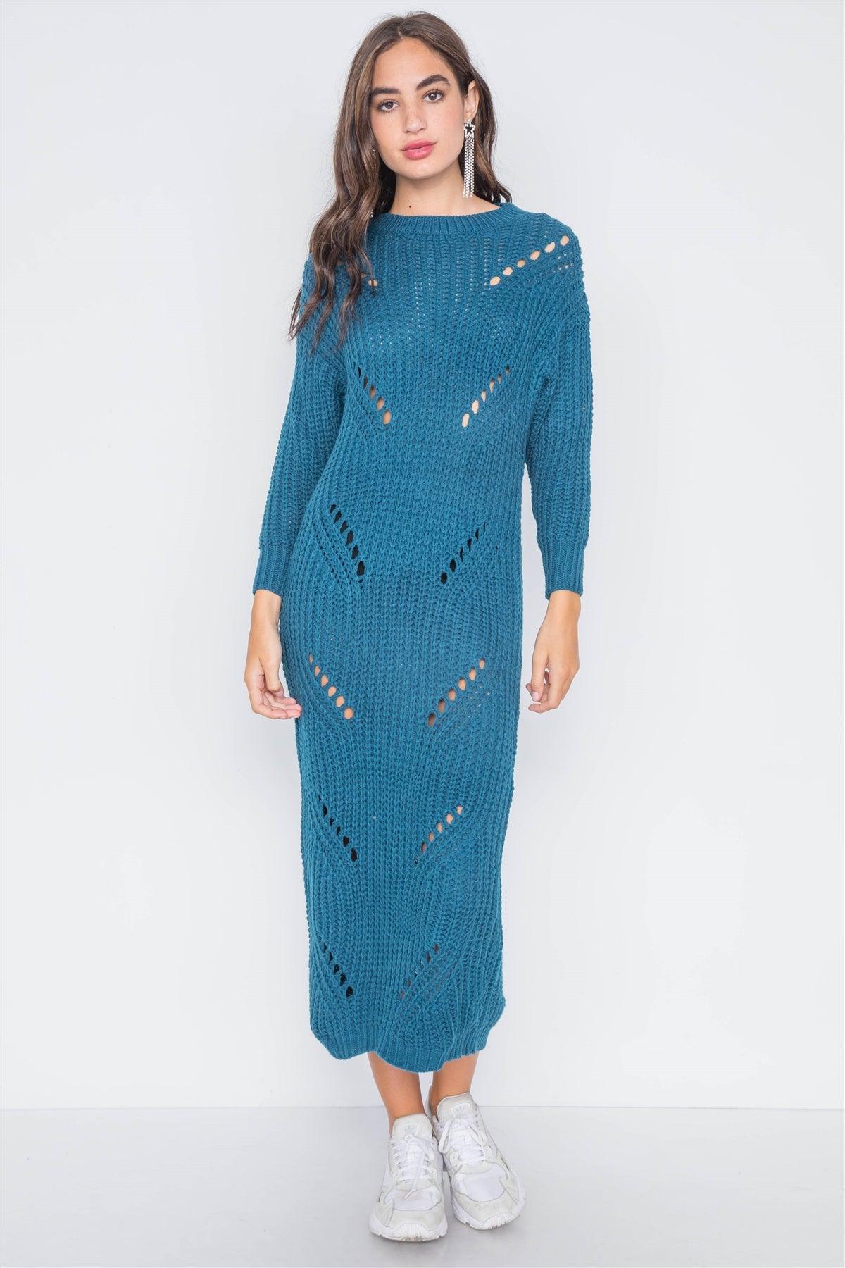 Teal Chunky Knit Long Sleeve Sweater Dress / 3-3