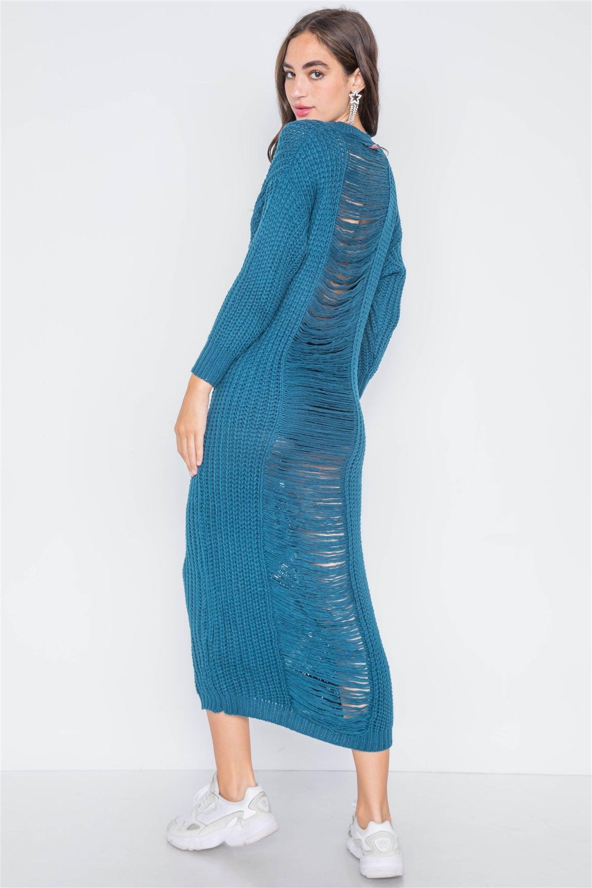 Teal Chunky Knit Long Sleeve Sweater Dress / 3-3