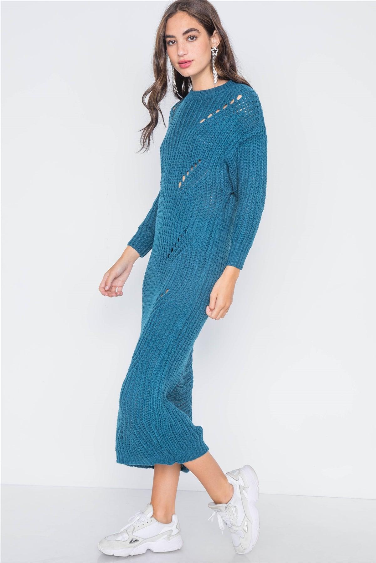 Teal Chunky Knit Long Sleeve Sweater Dress / 3-3