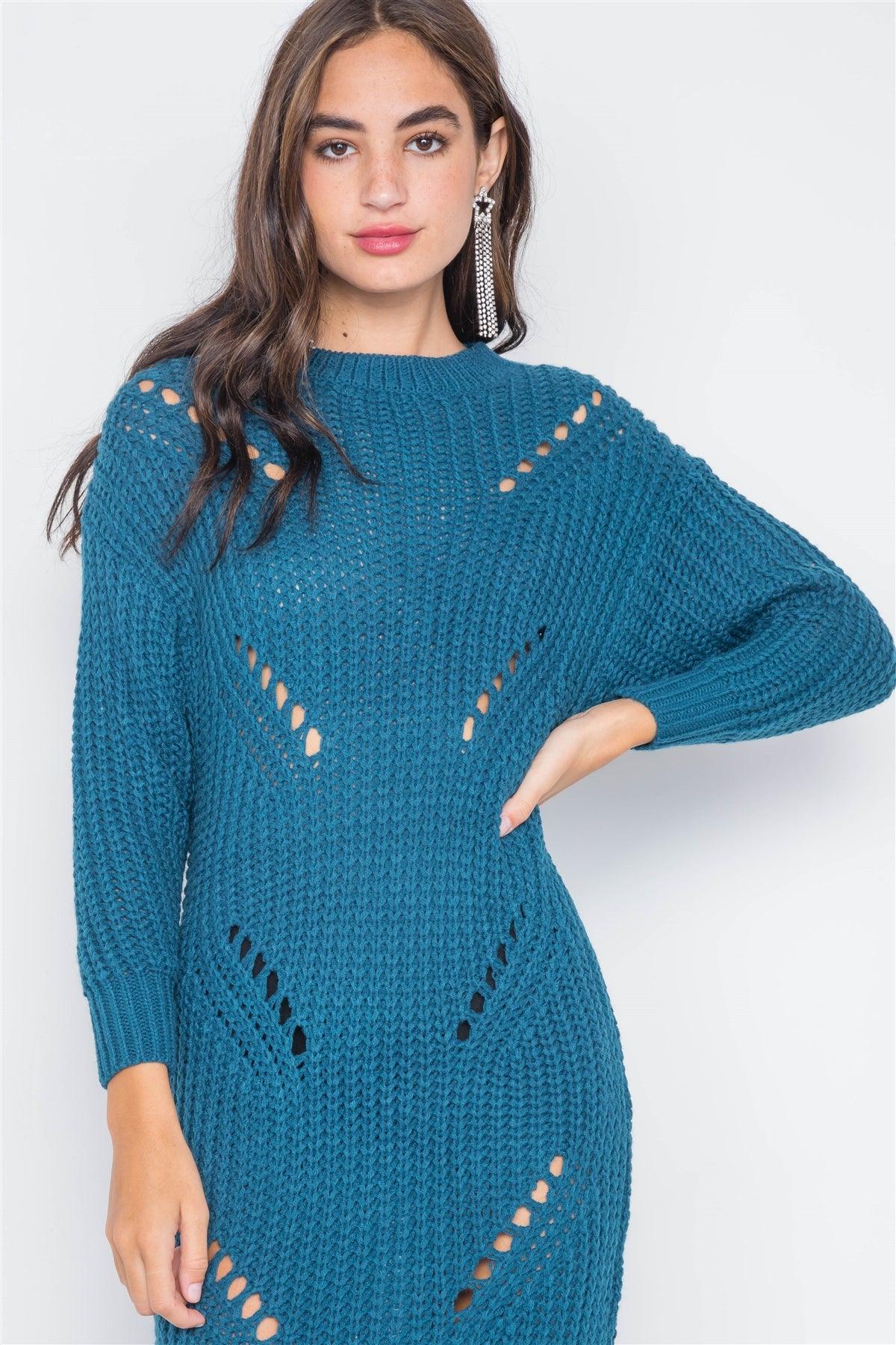 Teal Chunky Knit Long Sleeve Sweater Dress / 3-3