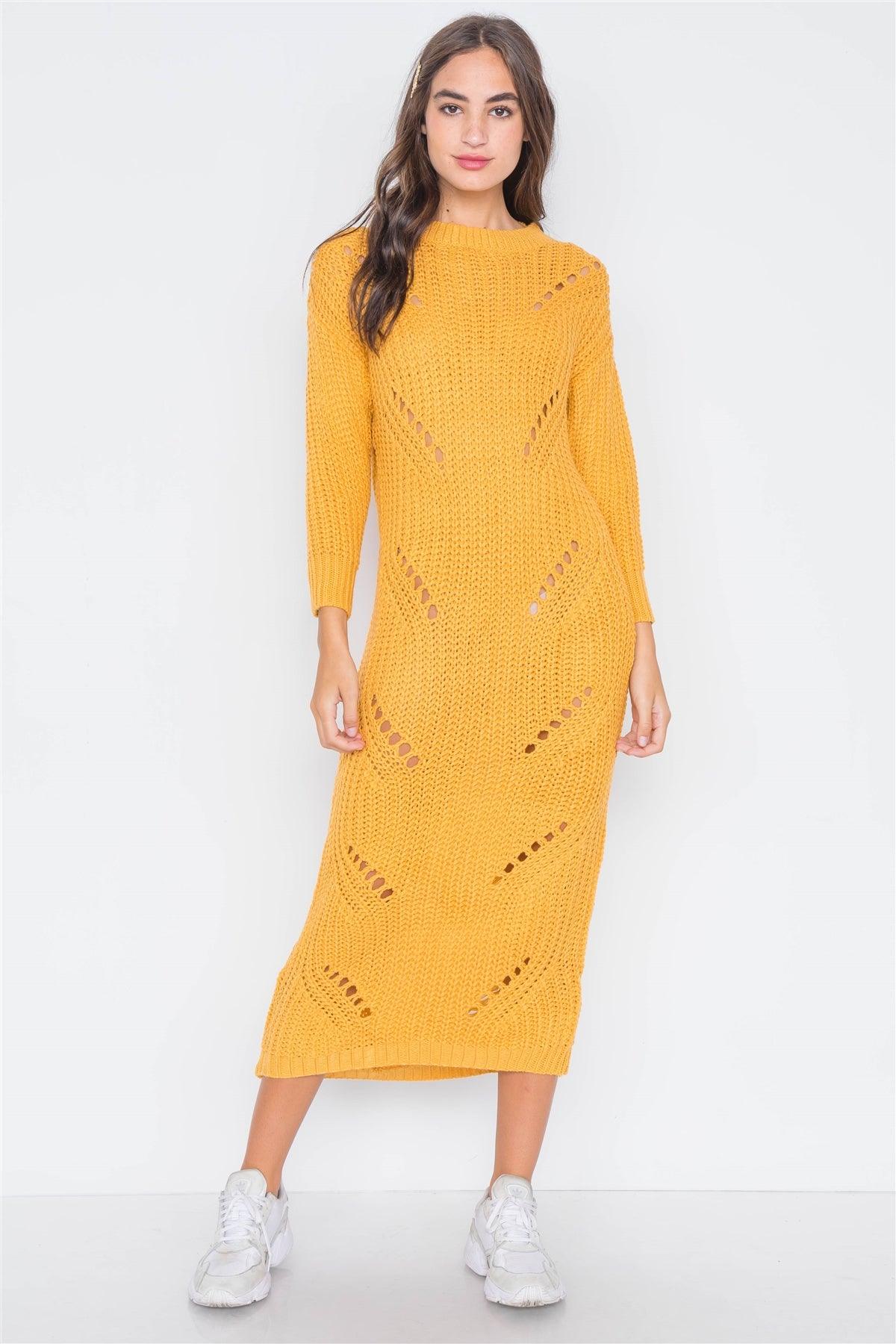 Yellow Chunky Knit Long Sleeve Sweater Dress / 3-3