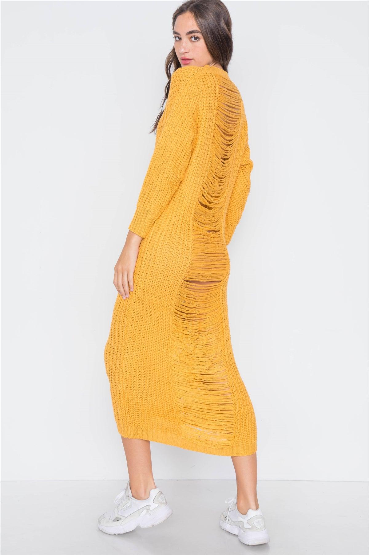 Yellow Chunky Knit Long Sleeve Sweater Dress / 3-3