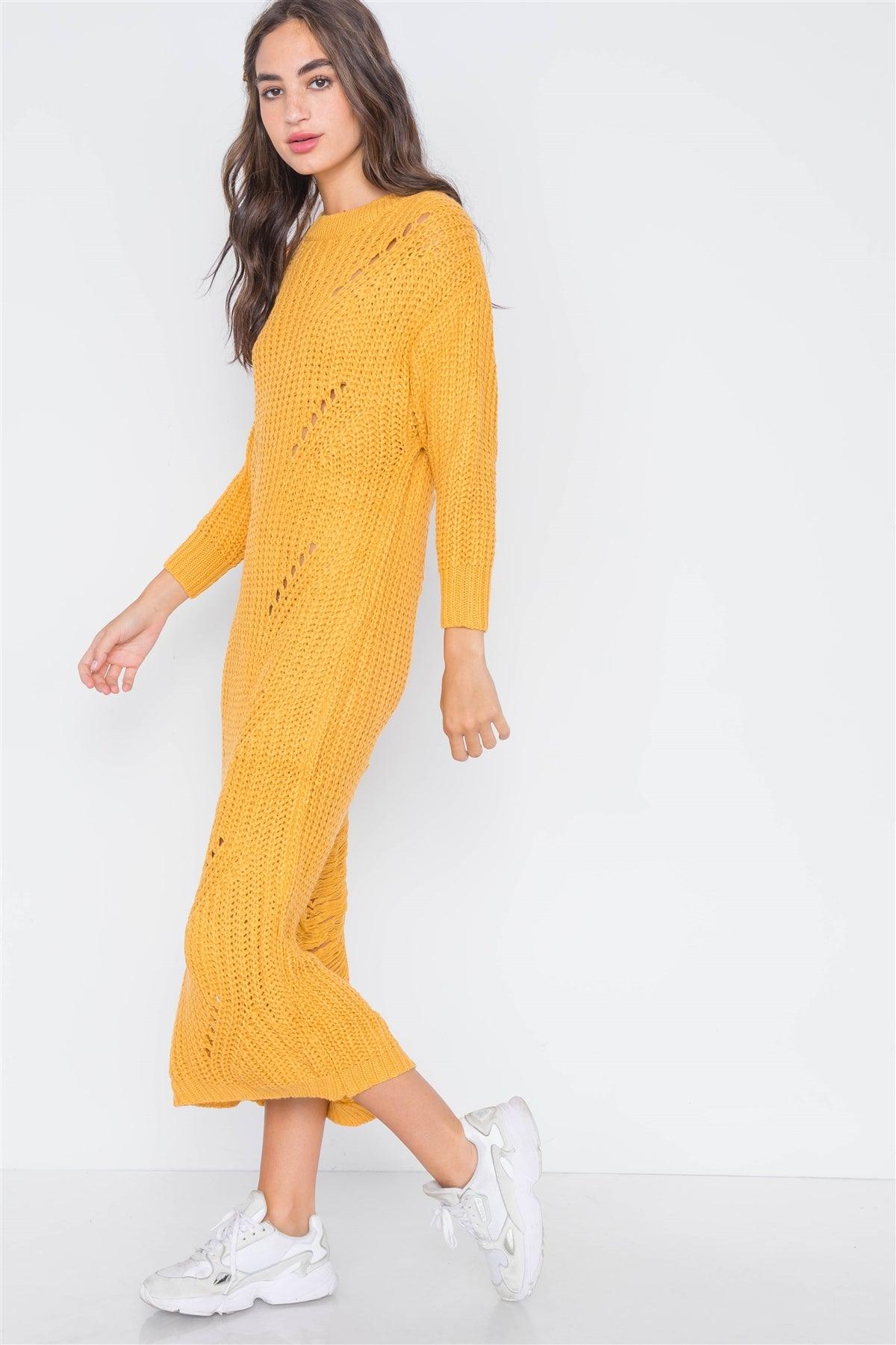 Yellow Chunky Knit Long Sleeve Sweater Dress / 3-3