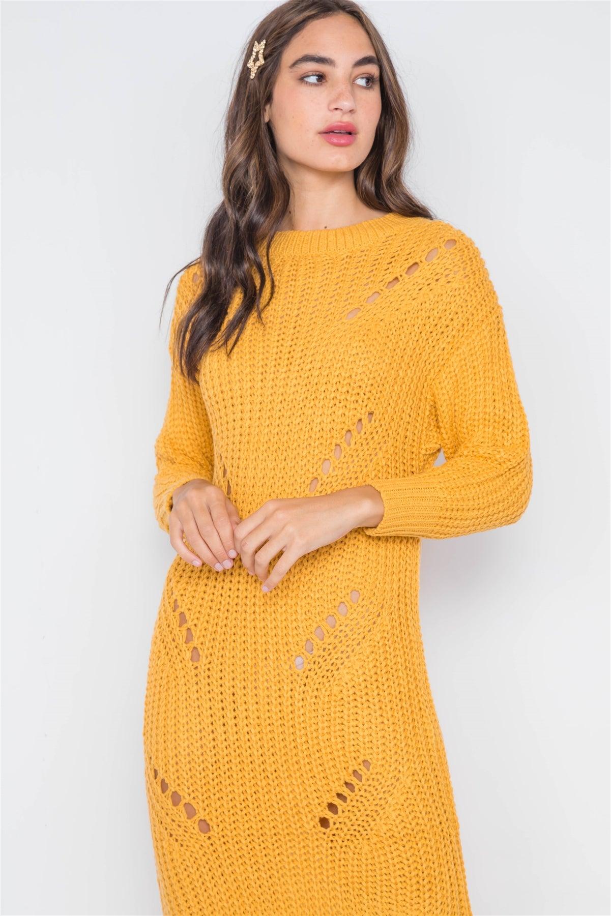 Yellow Chunky Knit Long Sleeve Sweater Dress / 3-3