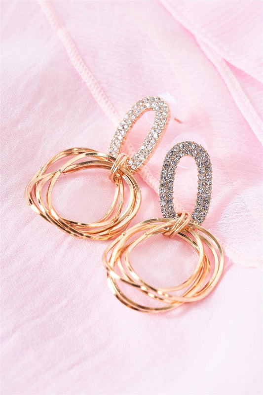 Gold Rhinestone Linked Multiple Hoop Drop Earrings /3 Pairs