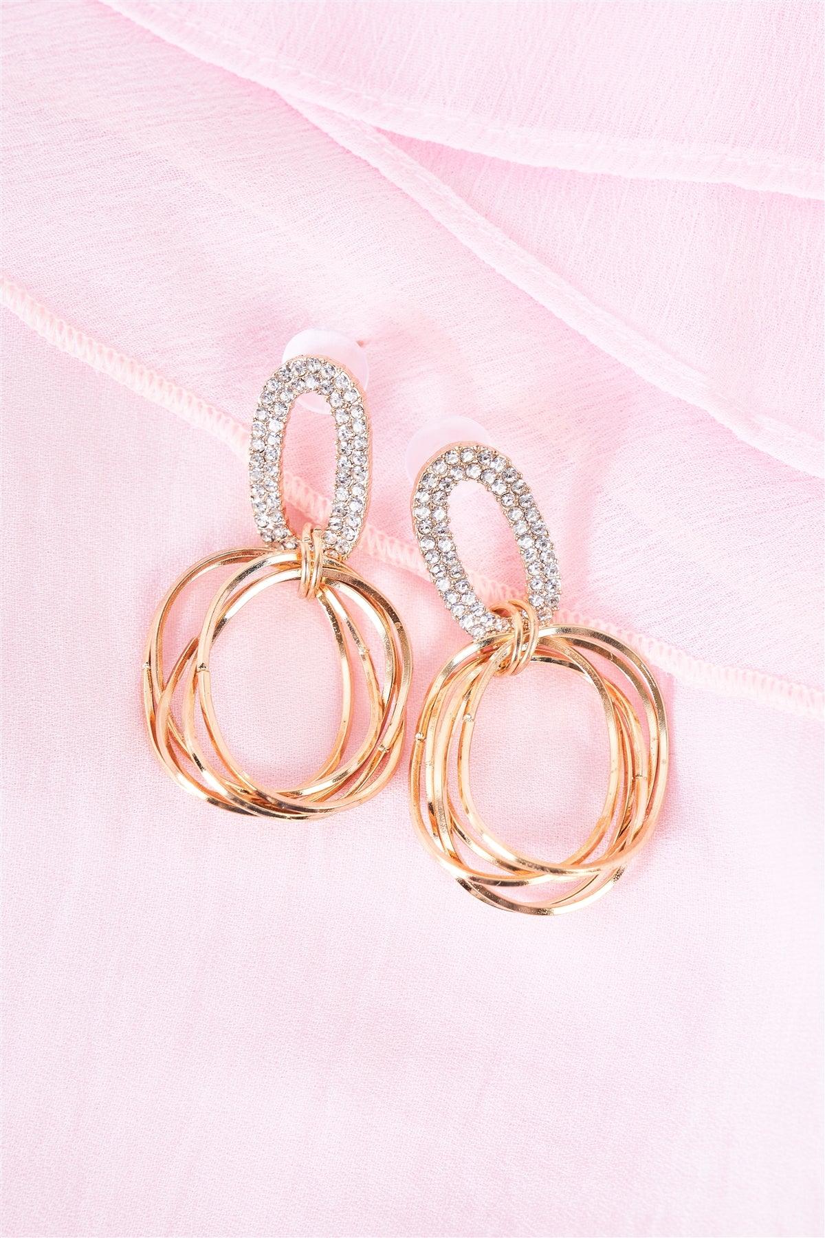 Gold Rhinestone Linked Multiple Hoop Drop Earrings /3 Pairs