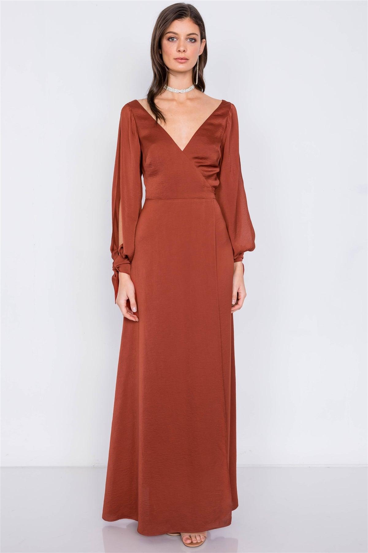 Copper Satin Cold Shoulder Wrap Chic V-Neck Maxi Dress /3-2-1