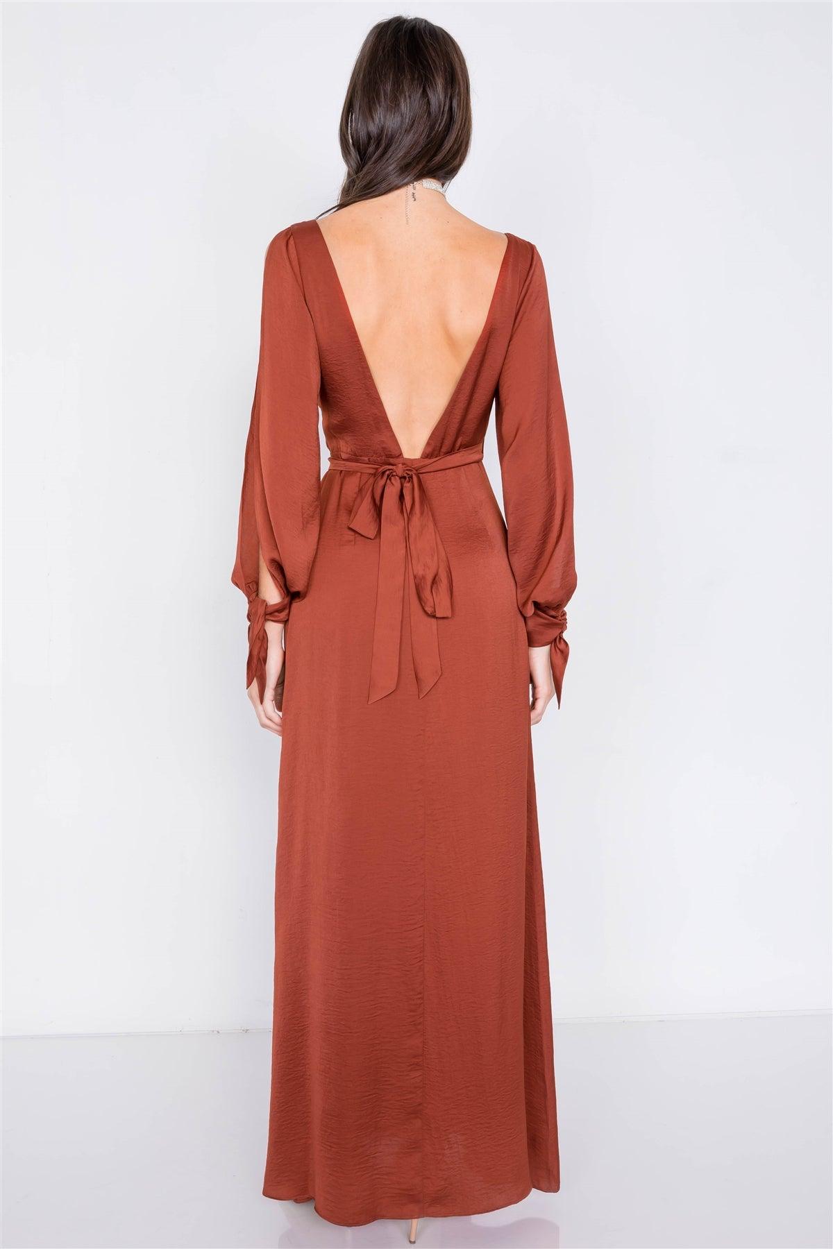 Copper Satin Cold Shoulder Wrap Chic V-Neck Maxi Dress /3-2-1