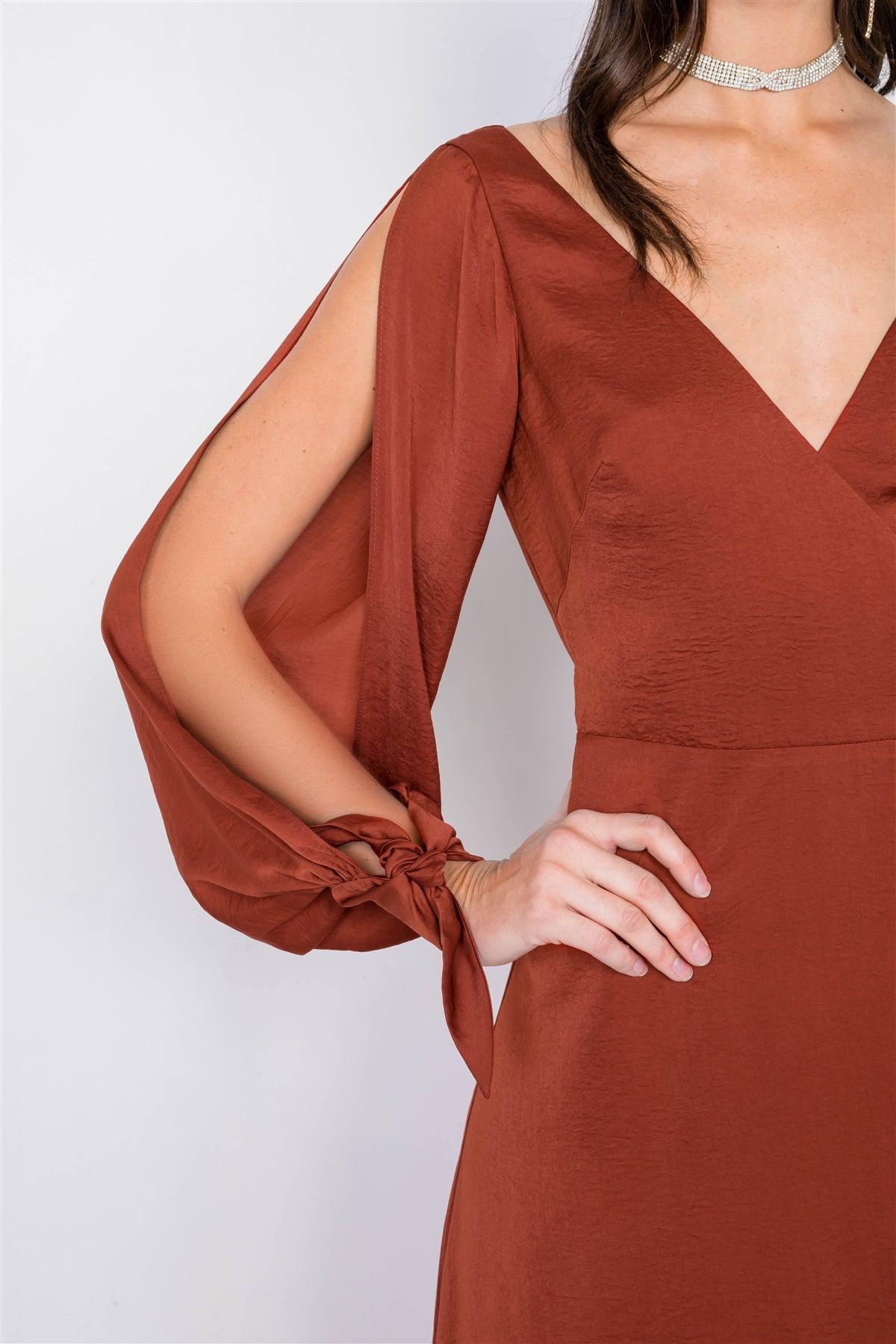 Copper Satin Cold Shoulder Wrap Chic V-Neck Maxi Dress /3-2-1