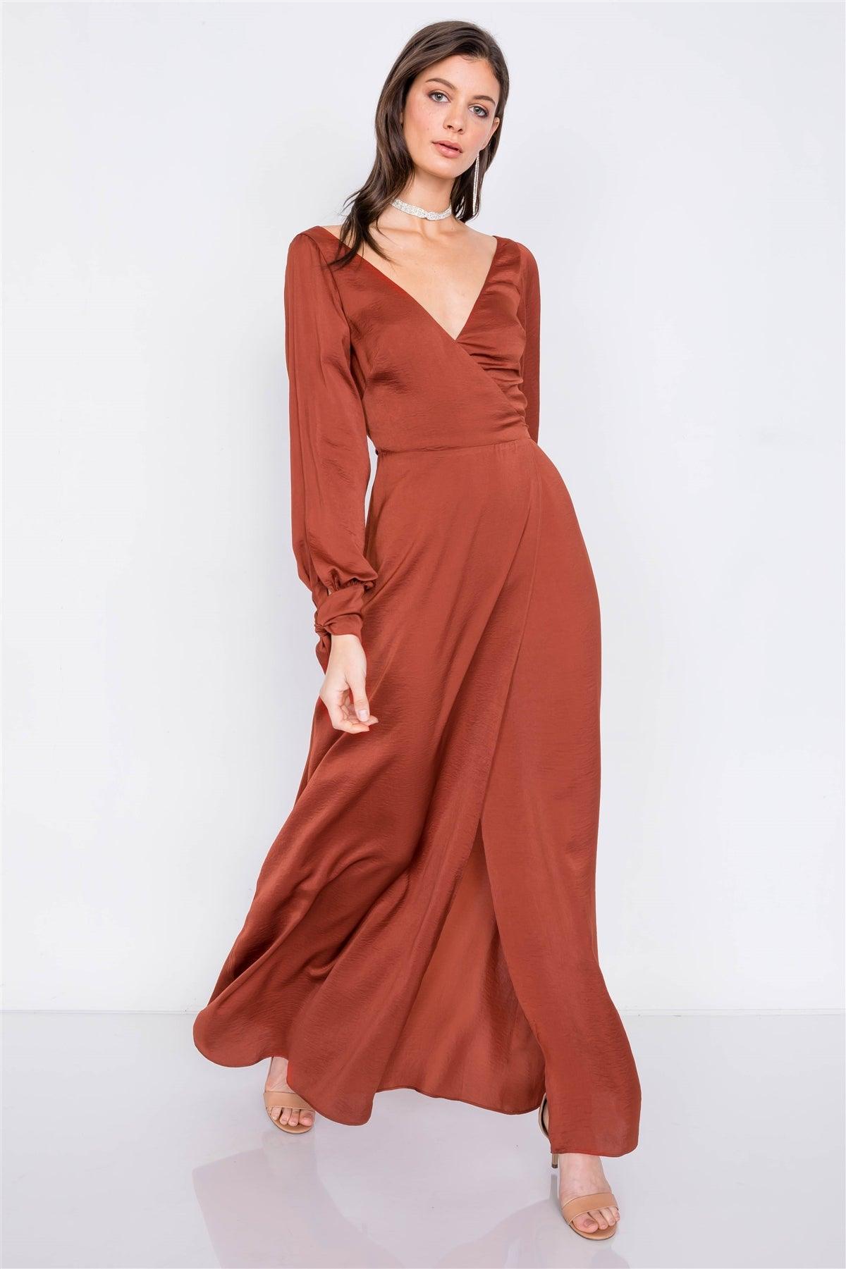 Copper Satin Cold Shoulder Wrap Chic V-Neck Maxi Dress /3-2-1