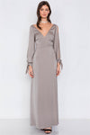 Gun Metal Satin Cold Shoulder Wrap Chic V-Neck Maxi Dress /3-2-1