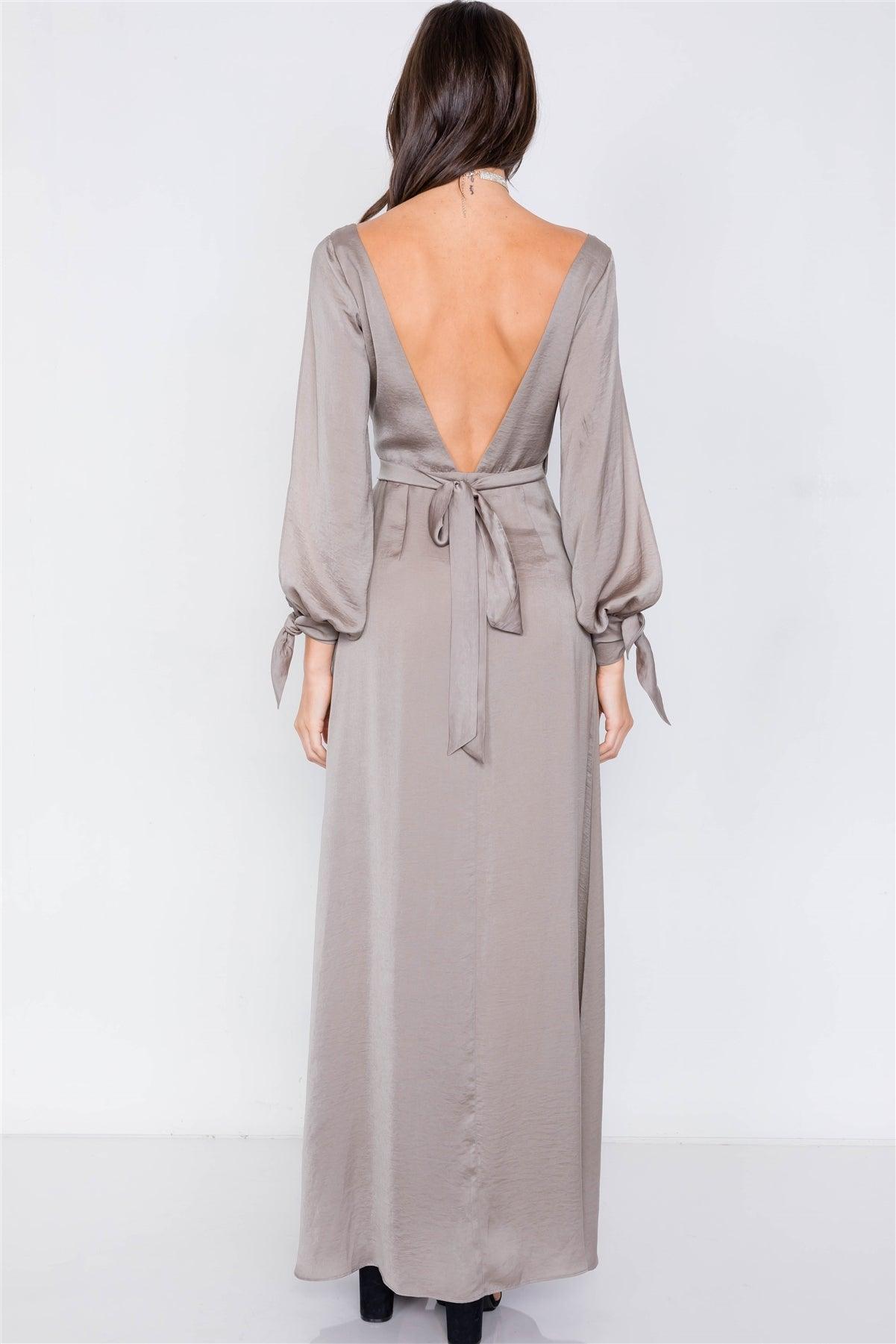 Gun Metal Satin Cold Shoulder Wrap Chic V-Neck Maxi Dress /3-2-1