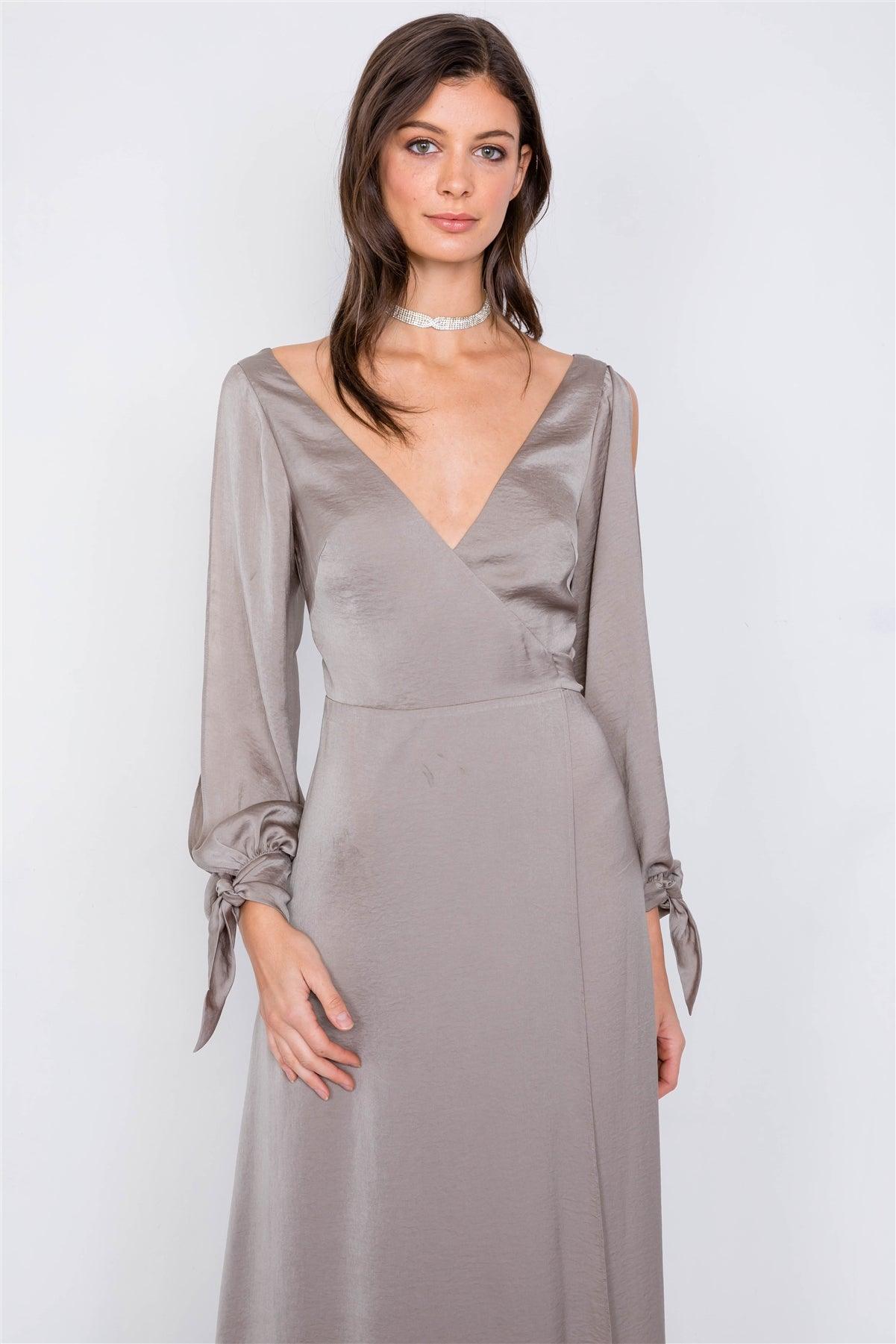 Gun Metal Satin Cold Shoulder Wrap Chic V-Neck Maxi Dress /3-2-1