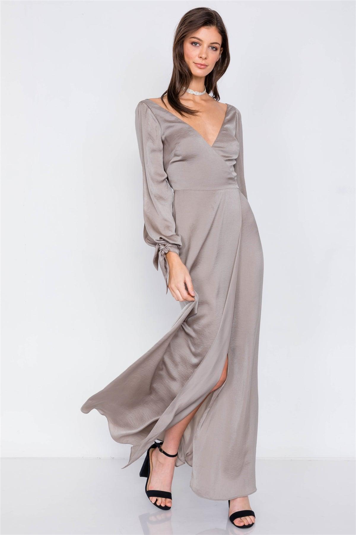 Gun Metal Satin Cold Shoulder Wrap Chic V-Neck Maxi Dress /3-2-1