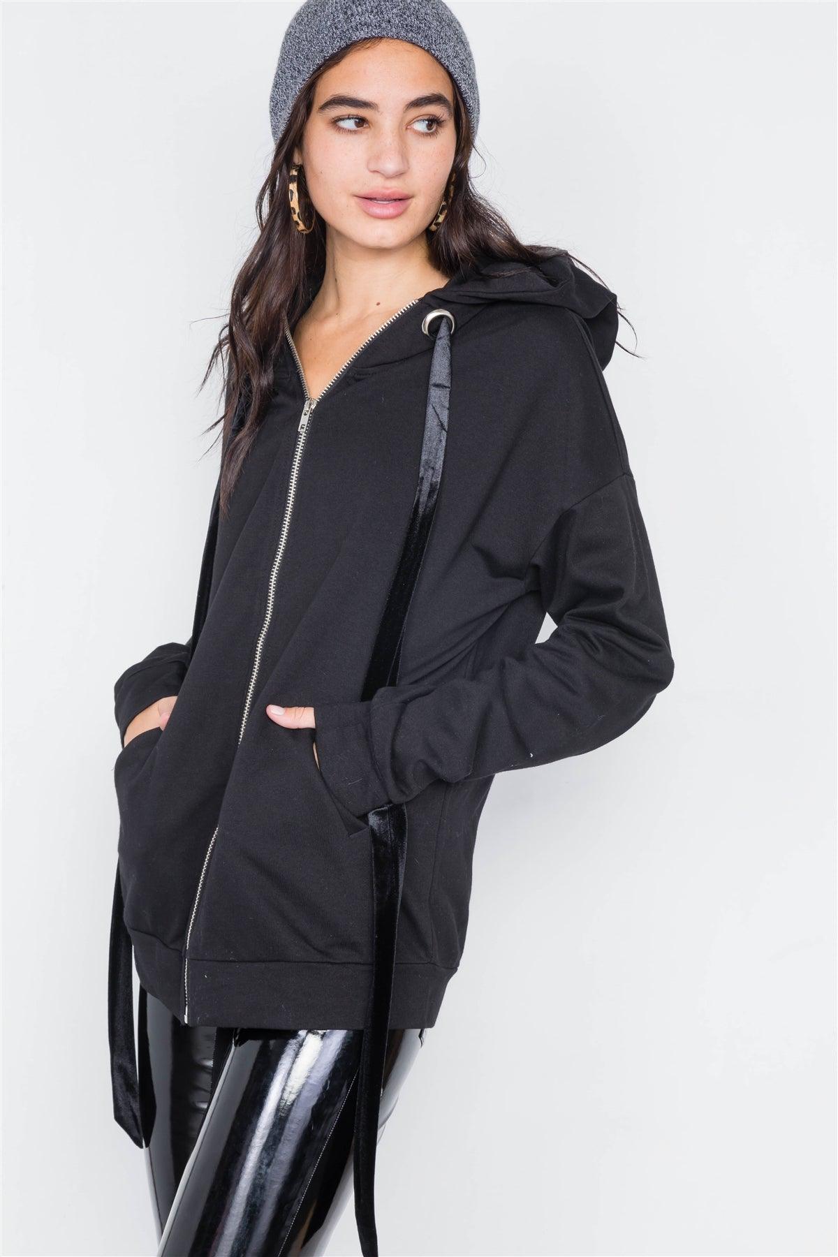 Black Cotton Zip-Up Hoodie Sweater /4-2